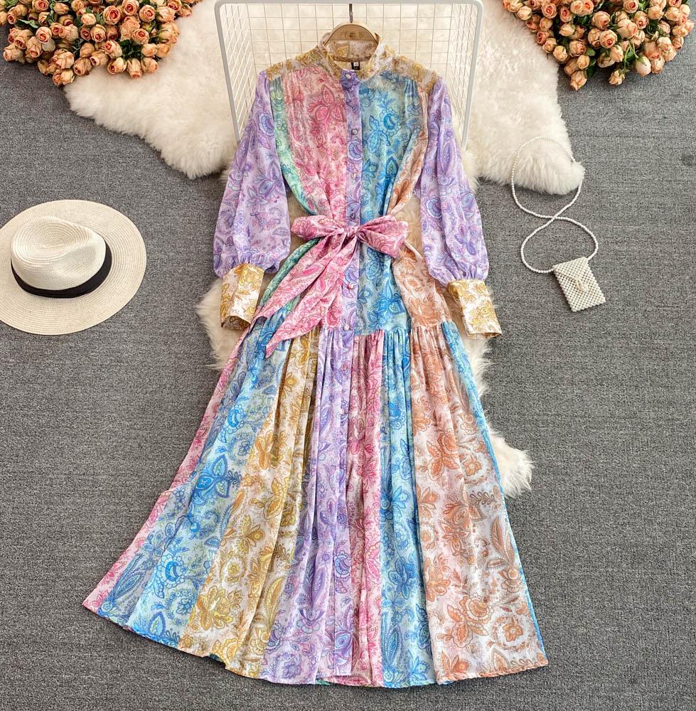 Za Women Dress Spring Stand Collar Puff Long Sleeve Vintage Print Floral Fashion Vestidos Tie Dye Long Dress Luxury Party Dresse alx