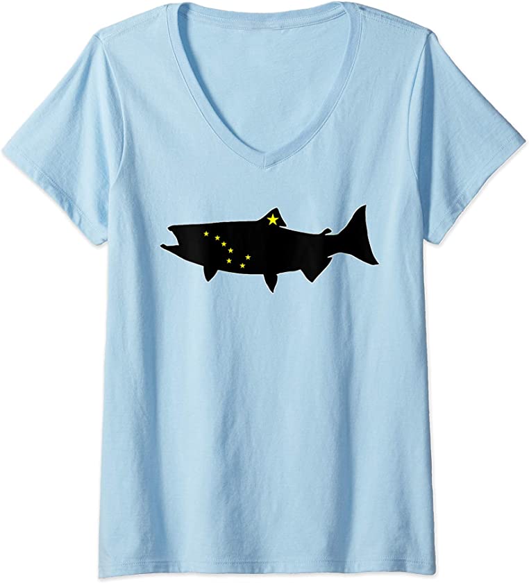 Womens Alaska King Salmon Fishing Vacation State Flag Orca Souvenir V-Neck T-Shirt