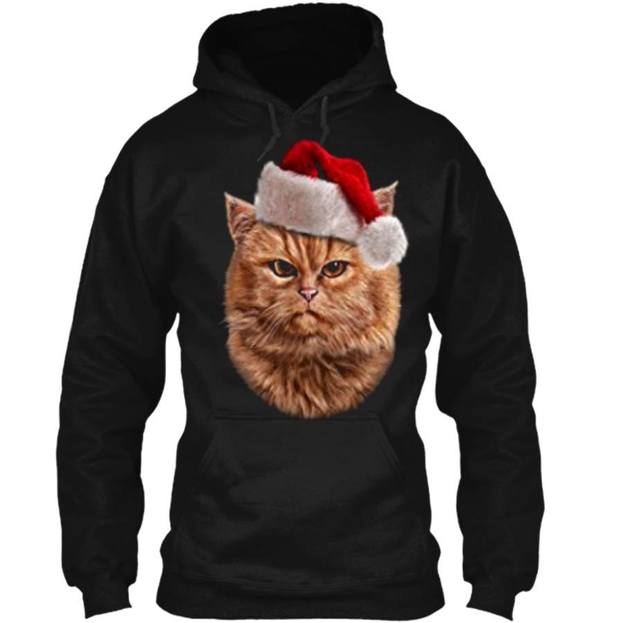 Disgruntle Orange Tabby Cat in Santa Hat Christmas Pullover Hoodie 8 oz