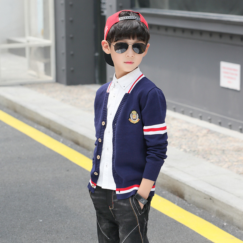 Children’s Sweater Coat for Big Boys Cotton Striped V-neck Navy Blue Caridigans Teenage School Boy Knitwear Costome 8 To 12Years alx