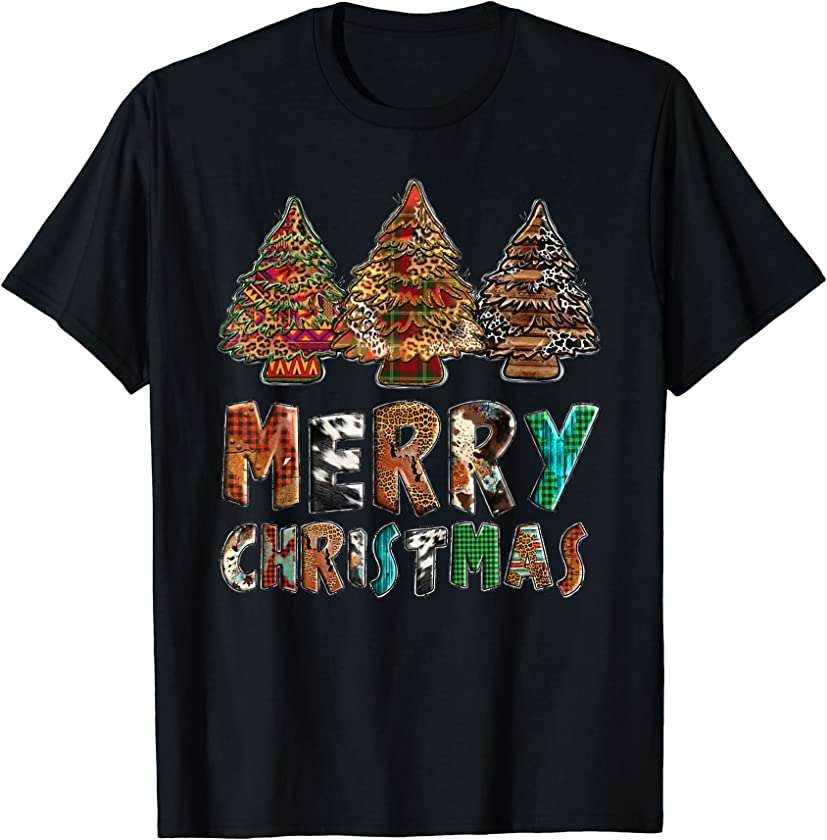 Western Merry Christmas Leopard Cowhide Plaid Christmas Tree T-Shirt