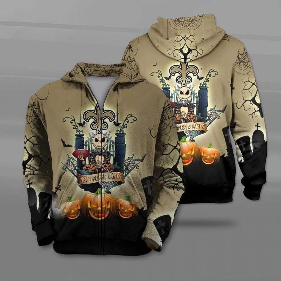 New Orleans Saints Jack Skellington Halloween Zip Up Hoodie Unisex 3D All Over Print