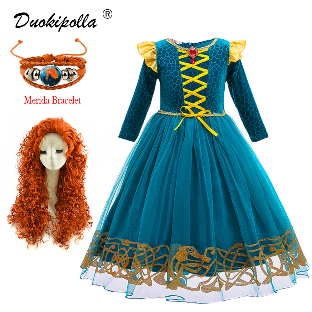 Toddler Princess Merida Dress Halloween Kids Masquerade Costume Fancy Fairy Merida Wig for Children Girl Green Velvet Clothing alx