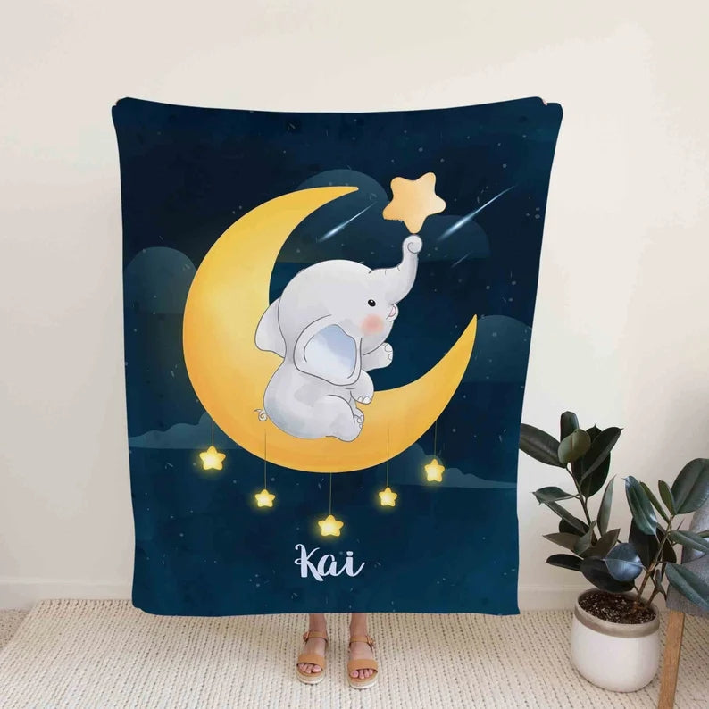 Personalized Name Elephant Moon Blanket, Best Gift For Baby, Newborn