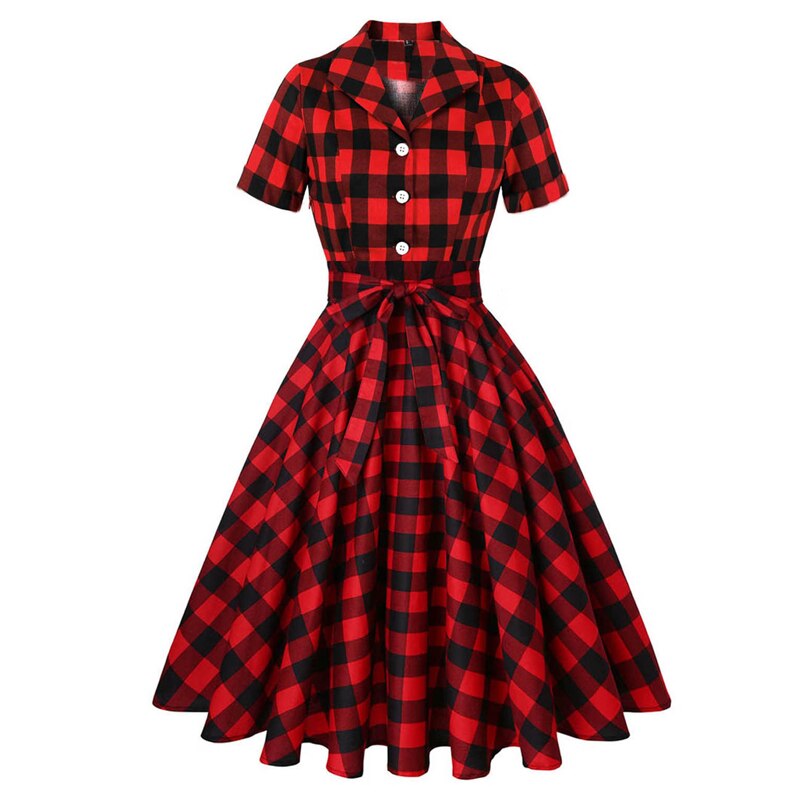 Tonval Red and Black Plaid Vintage Button Up Cotton Dresses for Women 2021 Short Sleeve Belted A Line Rockabilly Dress alx