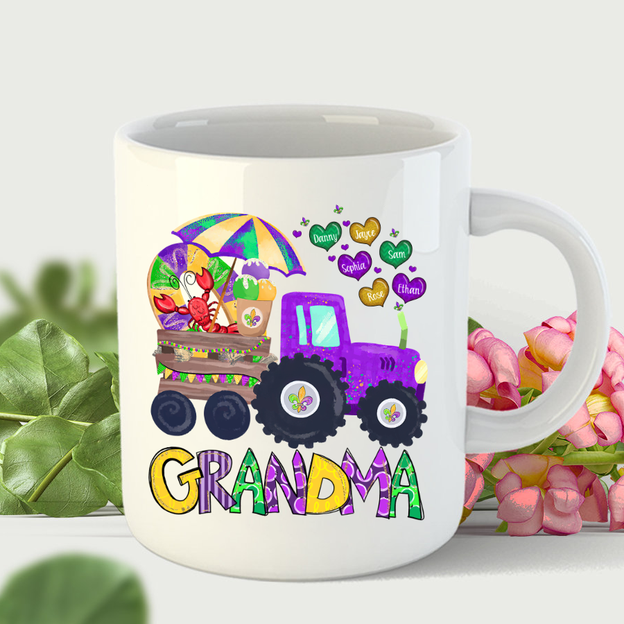 Personalized Grandma And Grandkids Hearts Color Tractor Gift Mardi Gras Mug