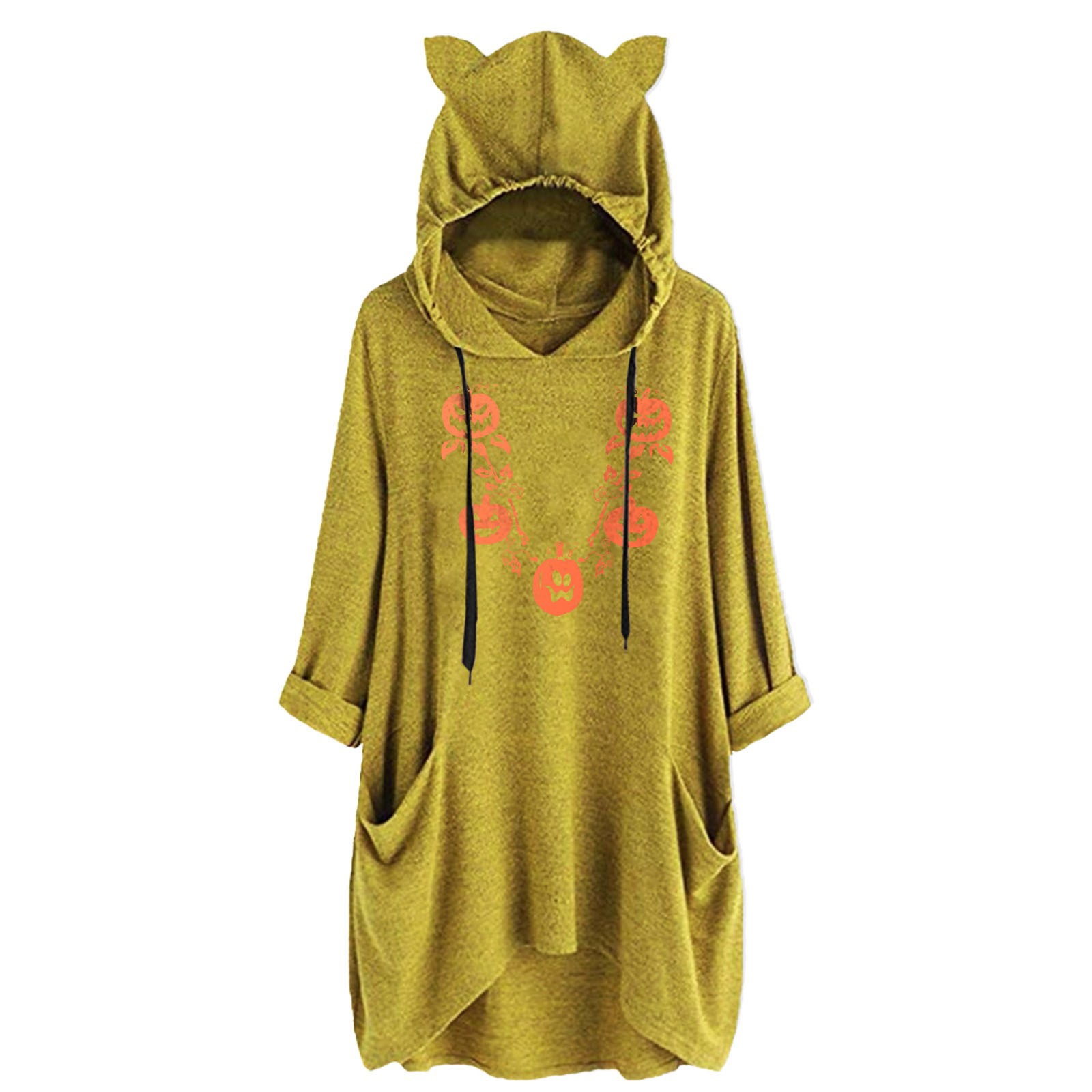 Women’s Ears Hat Top Long Sleeve Halloween Cute Print Hooded Loose Two Pocket Sweatshirt Top Light alx