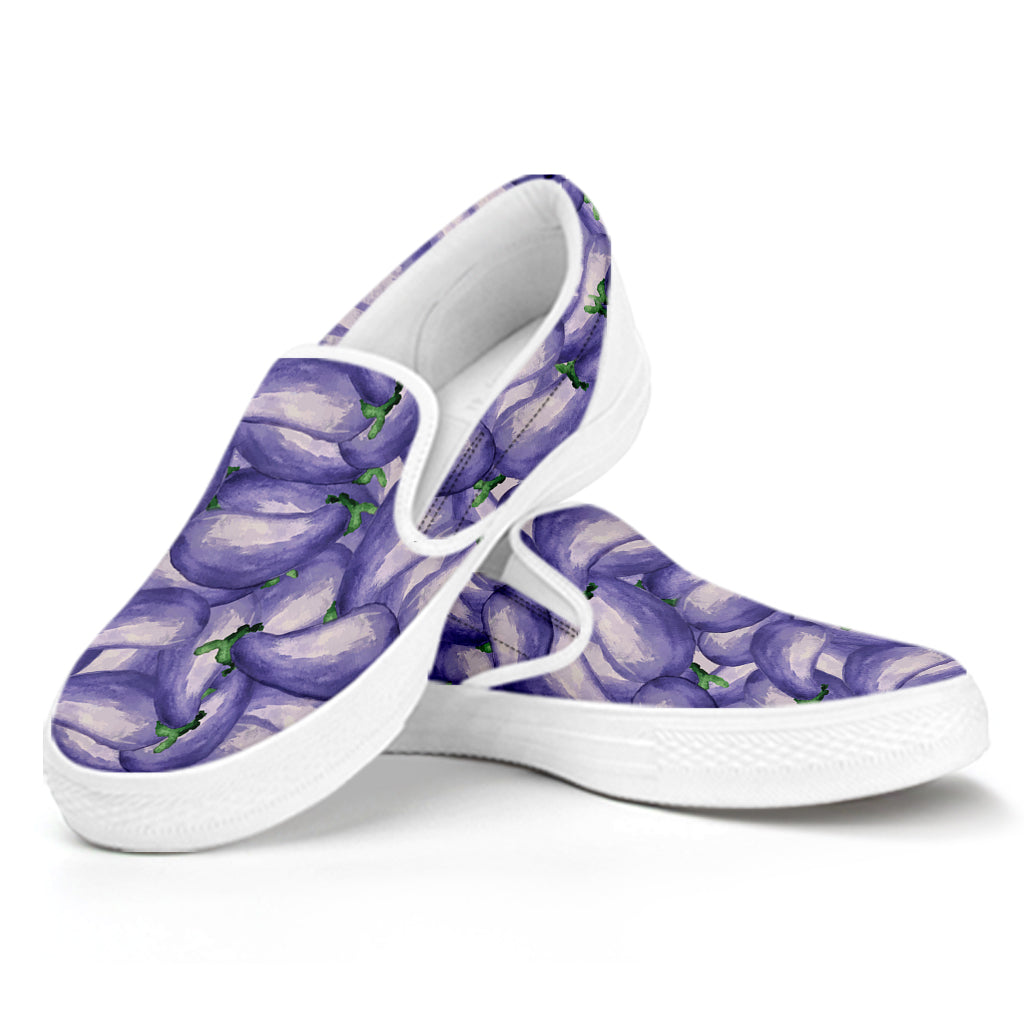 Watercolor Eggplant Print White Slip On Shoes