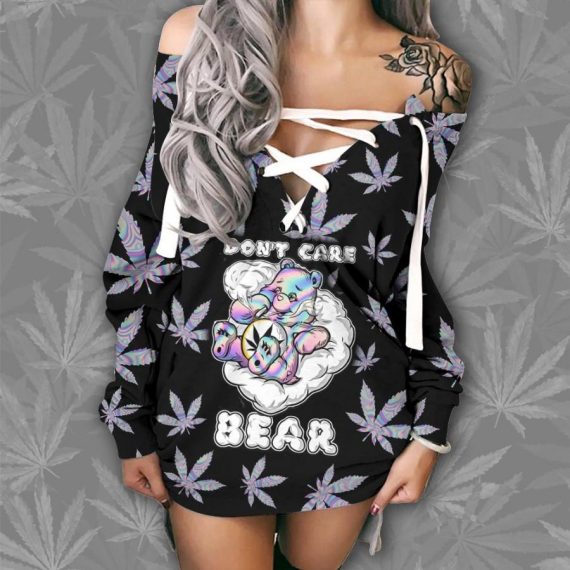 Weed Don’T Care Bear Holo Gram Lace- Up Sweatshirt Gift For Her Weed Dress Gift For Birthday