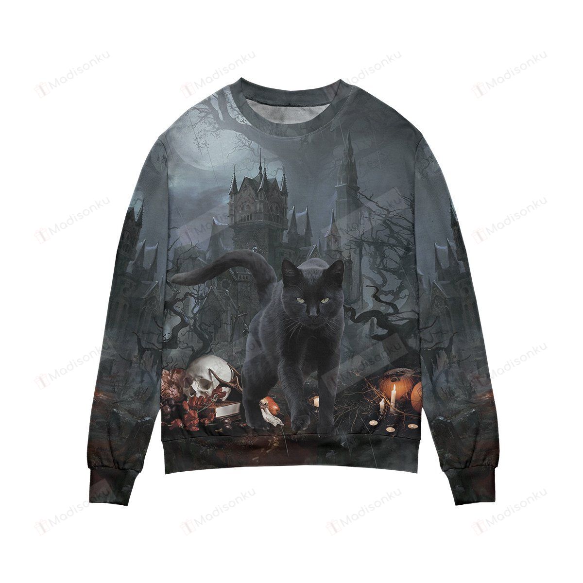 Black Cat In Spooky Halloween Ugly Christmas Sweater, All Over Print Sweatshirt