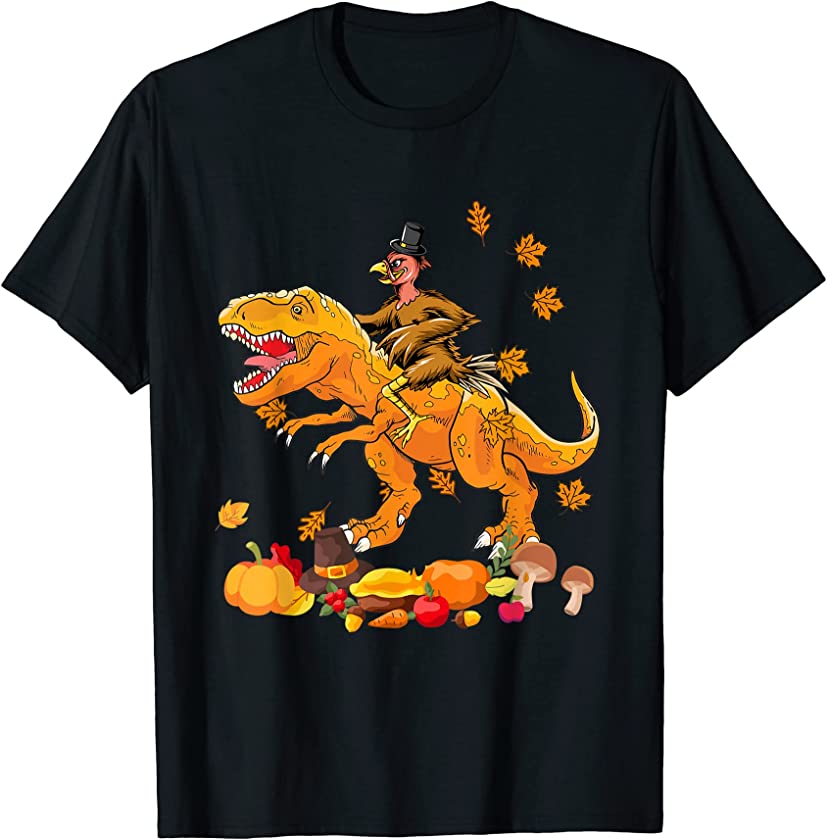 Thanksgiving Turkey Riding T-rex Pumpkins Matching Family T-Shirt