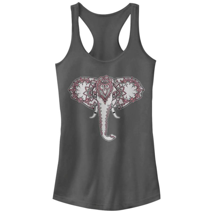 Peaceful Warrior Junior’s Henna Elephant Print  Racerback Tank Charcoal