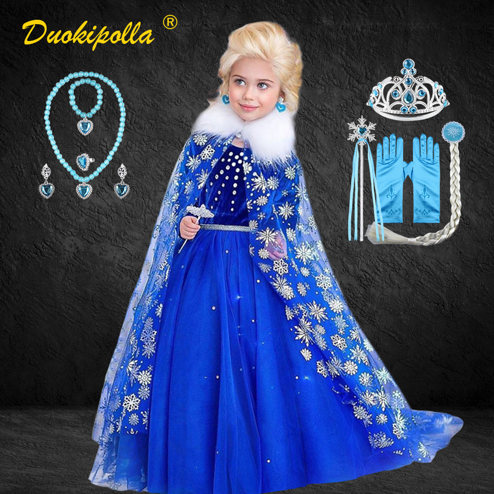 2021 Christmas Girls Elsa Dress Halloween Snow Queen Costume Fairy Snowflake Long Cape New Year Party Winter Velvet Prom Dresses alx