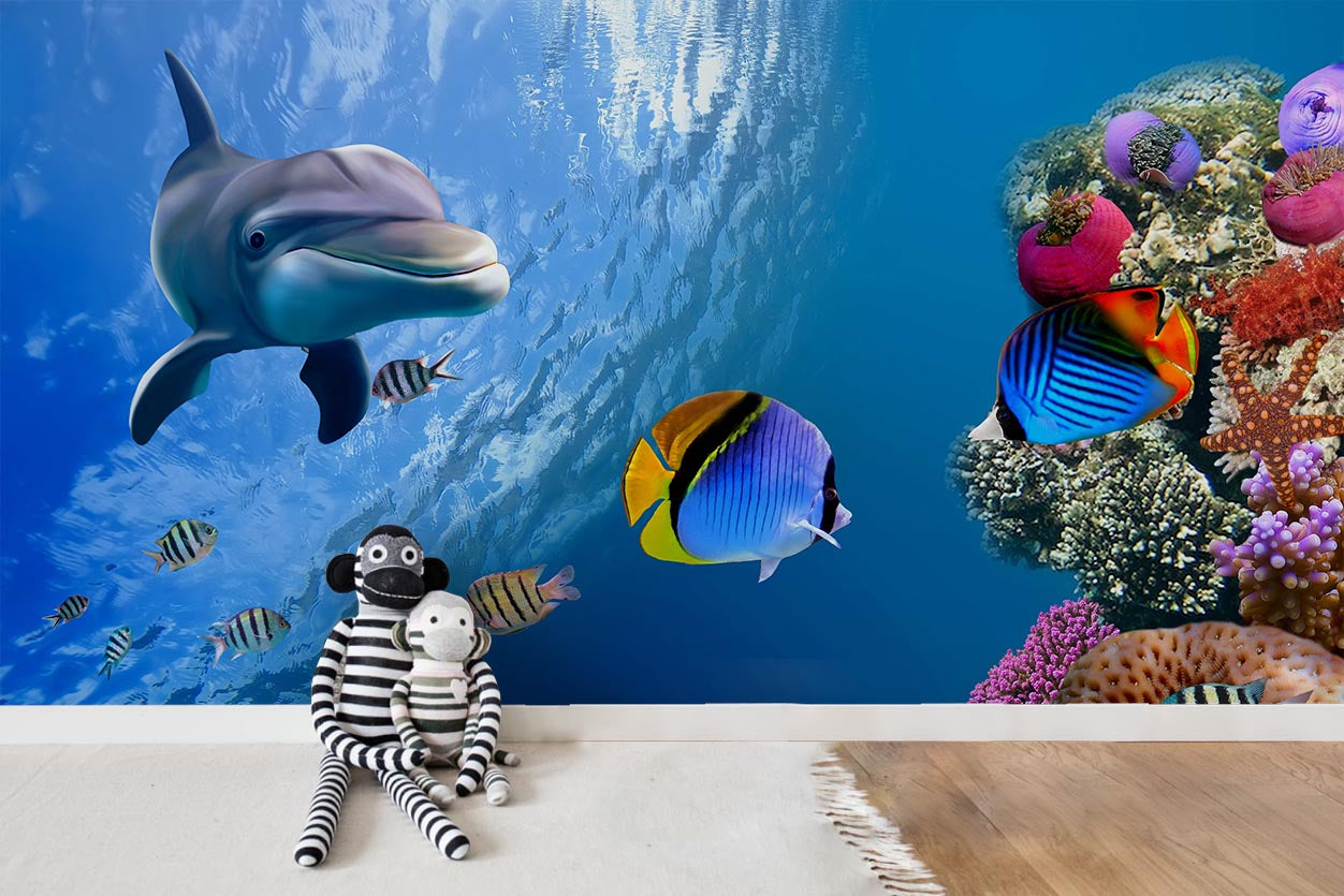 3D Coral Dolphin Underwater World Wall Mural Wallpaper Lqh 38