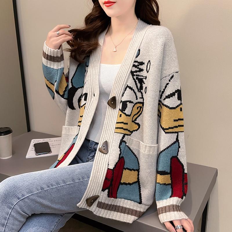 2021 New Retro Jacquard Cardigan Sweater Jacket Female Spring Loose Jacket Lazy Style Thick Knitted Cardigan Button Winter Women alx