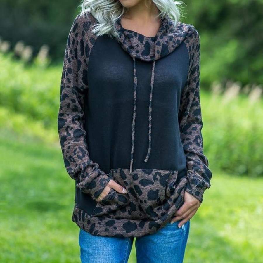 Cowl Neck Leopard Print Sweatshirt Tunic With Pocket