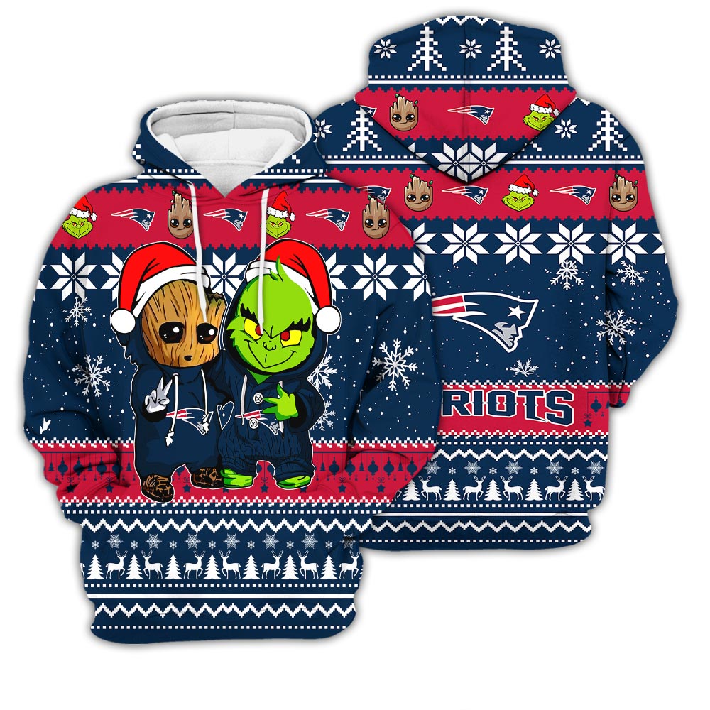 New England Patriots Baby Groot And Grinch Best Friends Football American Ugly Christmas Sweater New Trends For Fans Club Gifts Unisex 3D Hoodie