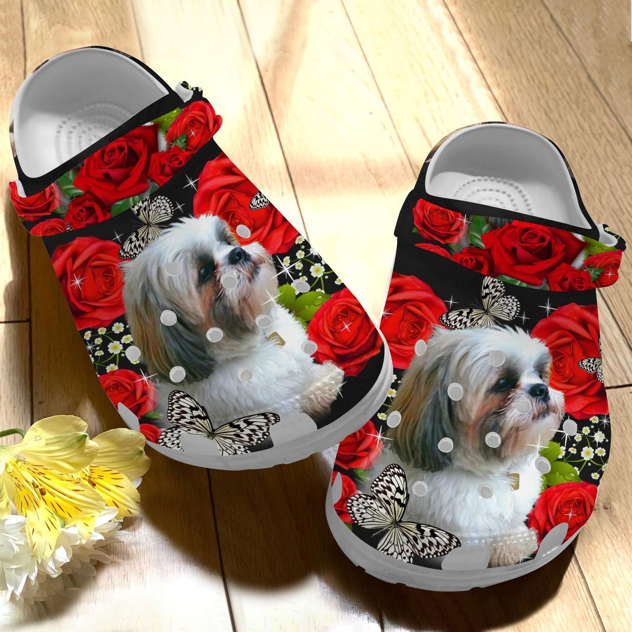 Shihtzu And Roses Personalize Clog, Custom Name, Text, Fashion Style For Women, Men, Kid, Print 3D Whitesole