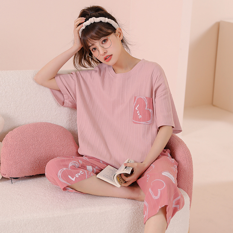 Summer Knitted Cotton Clouds Printing Two Piece Short Sleeved Women Pajamas Sets Pyjamas Ladies Sleepwear Cute Cartoon Pijamas alx