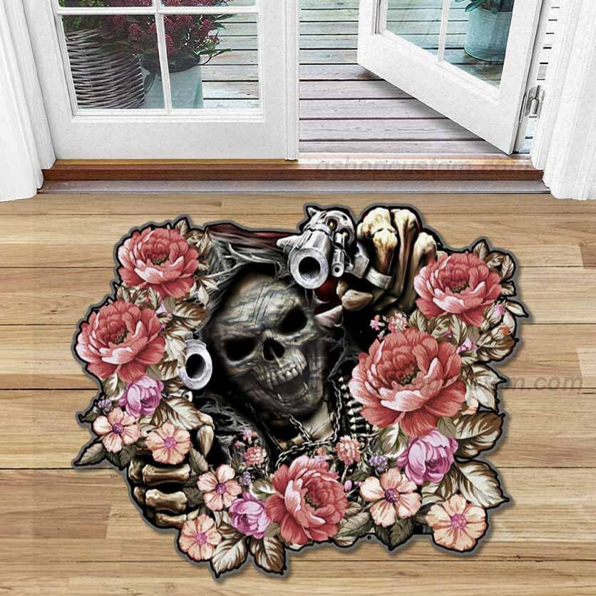 Skull Tattoo Roses Flower Shaped Doormat Rug Home Living Decor Carpet – Sdm-A0010