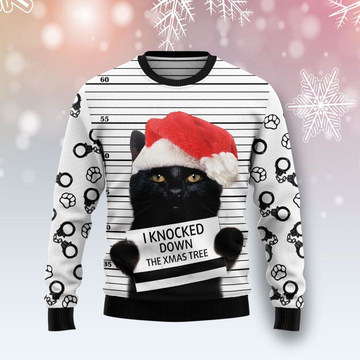 Black Cat Knocked Down Ugly Christmas Sweater | Unisex | Adult | Us1503