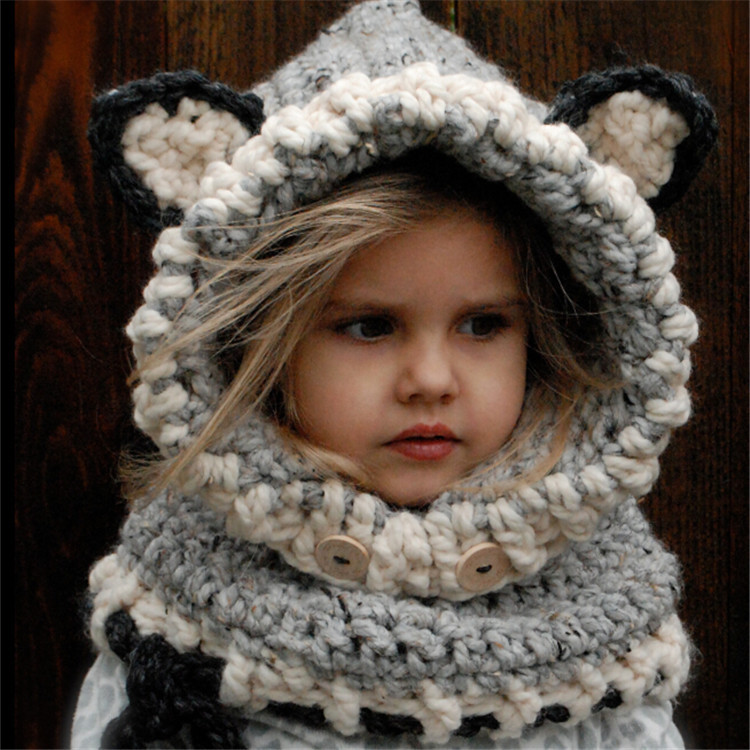 2019 Girls Winter Hat Scarf Little Fox Style Children Hoodie Hats Mufflers Lovely Kids Warm Knit Wool Beanies Scarves alx