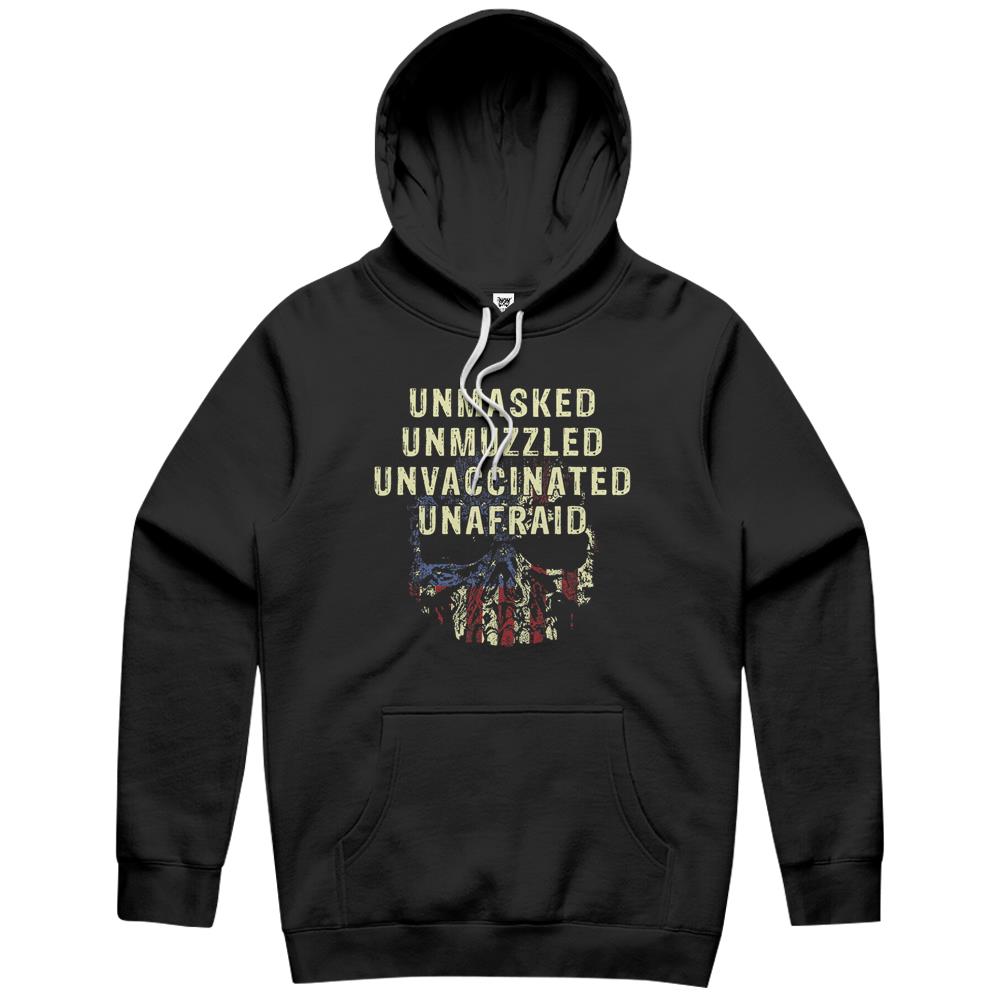 Unmasked Unmuzzled Unvaccinated Unafraid Skull Flag America Hoodie