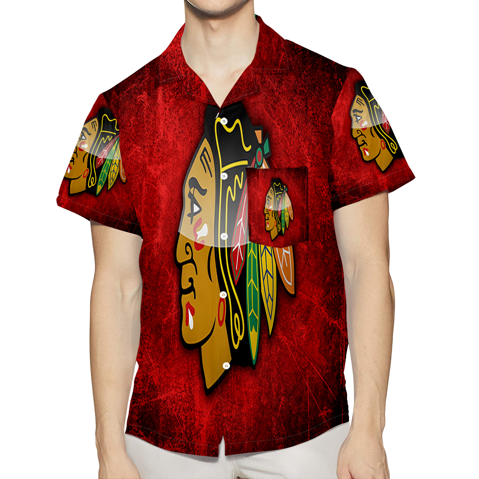 Chicago Blackhawks Emblem Texture9 3D All Over Print Summer Beach Hawaiian Shirt With Pocket