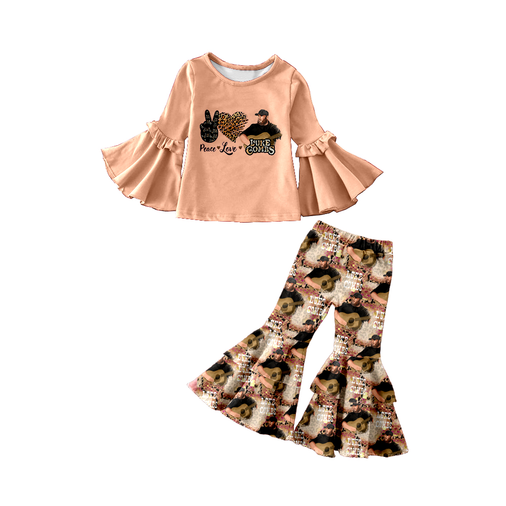 Wholesale Kids Clothes Peace Love Leopard Long Sleeve Top Singer Guitar Bell Bottom Pants Girls Sets alx