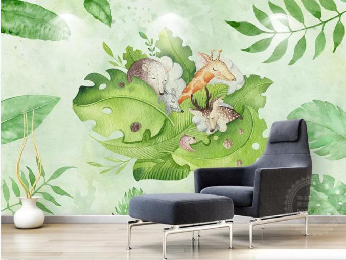 3D Hand Painted Leaf Animals Wall Mural Wallpaper 144