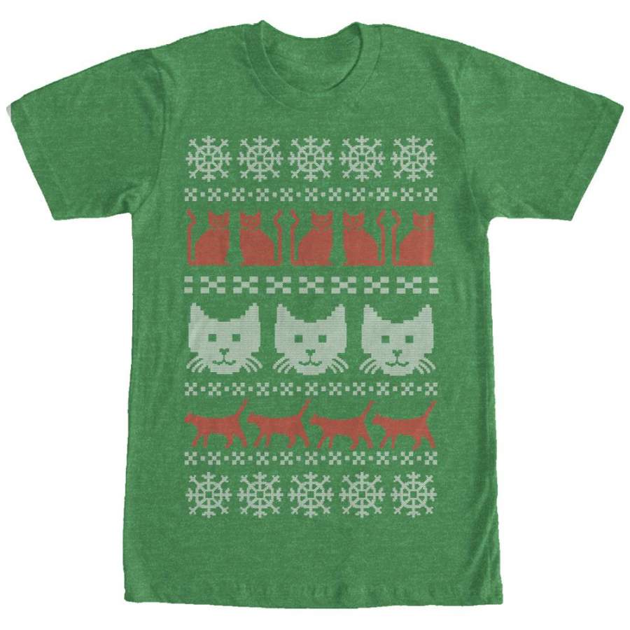 Lost Gods Men’s Ugly Christmas Cat  T Shirt Kelly Heather