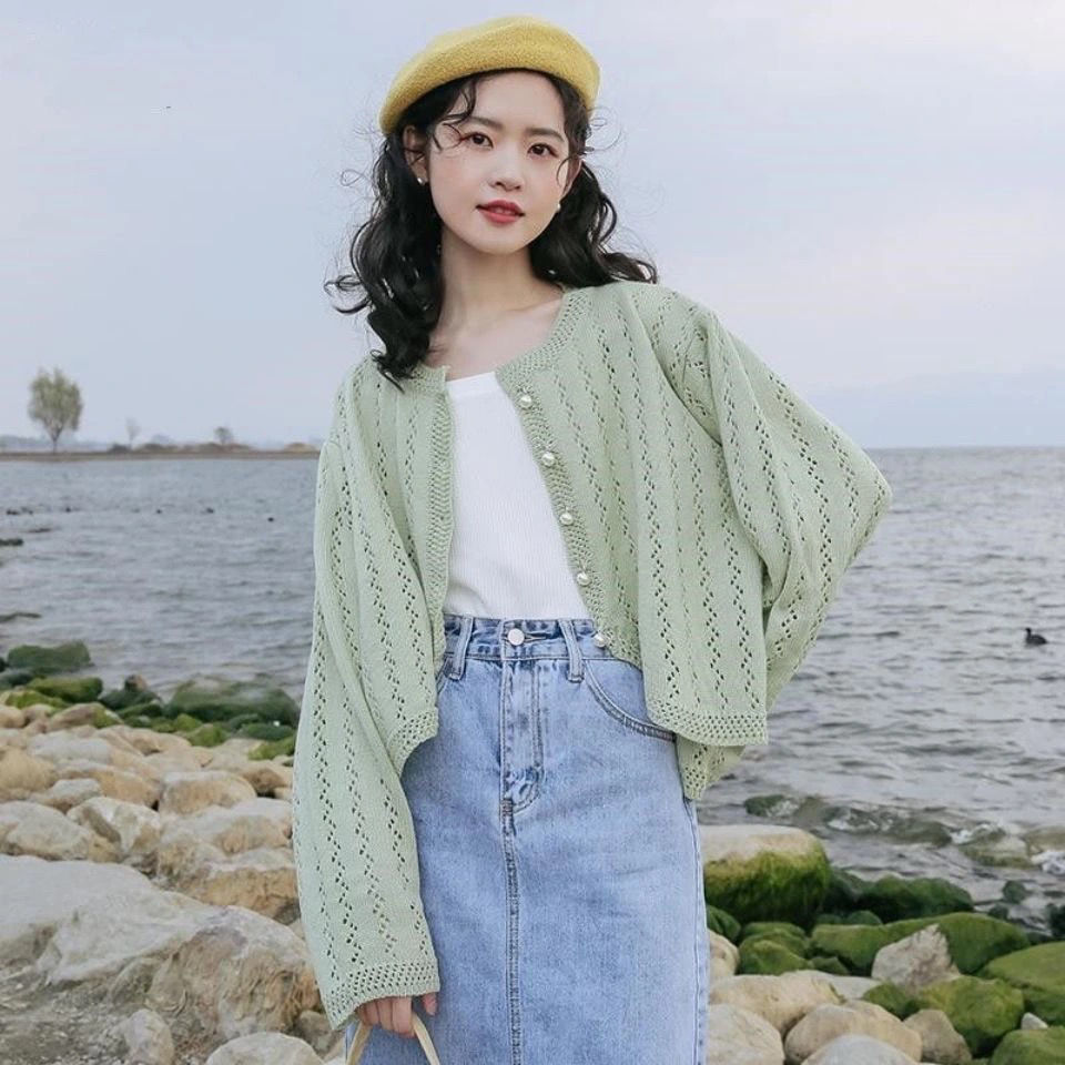 Cropped Cardigan Women O-neck Hollow Out Solid Sweet All-match Sweaters Fashion Elegant Chic Korean Style Knitwear Sun-proof Ins alx