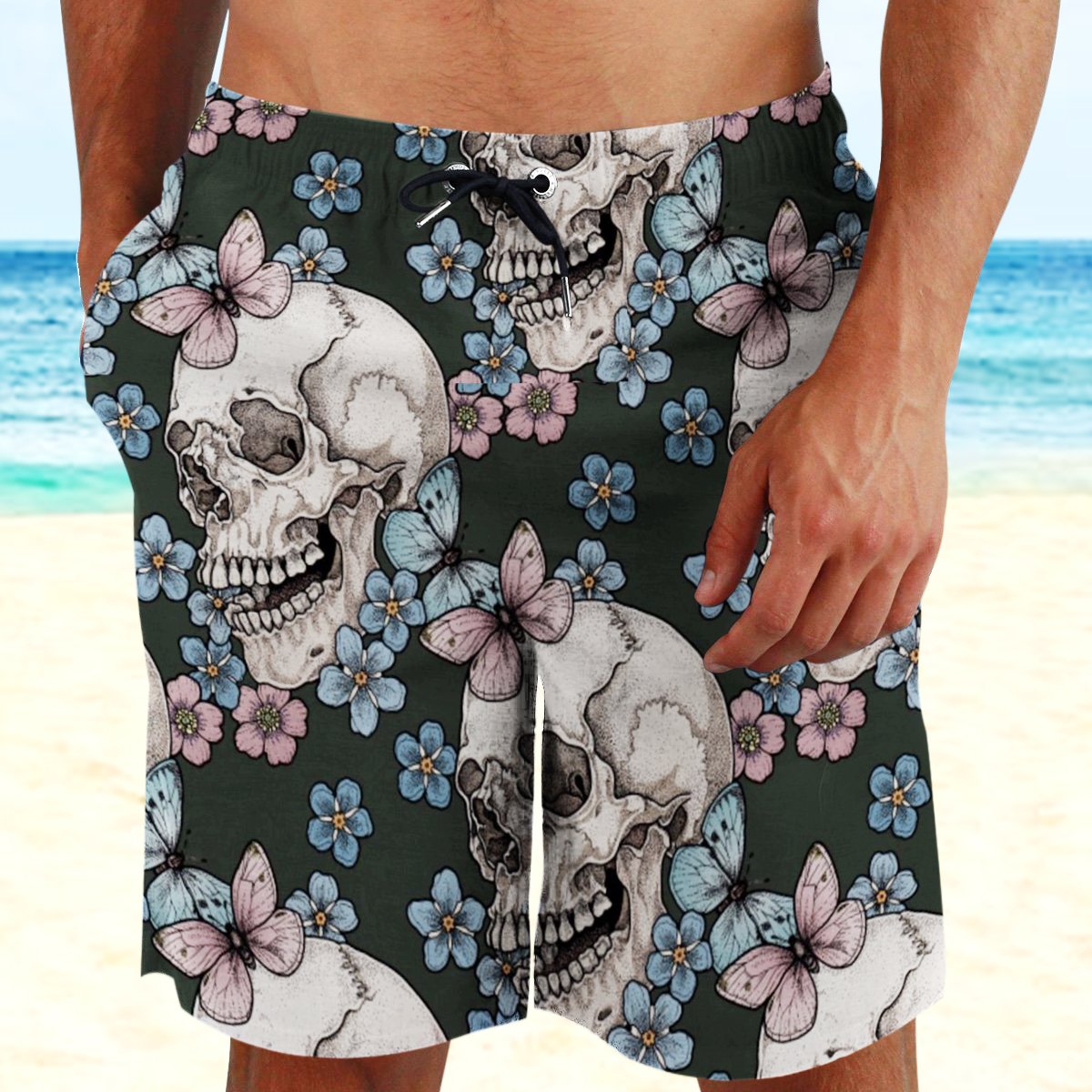 Skull Flower Gothic Hawaii Beach Shorts Colorful S Ha81800