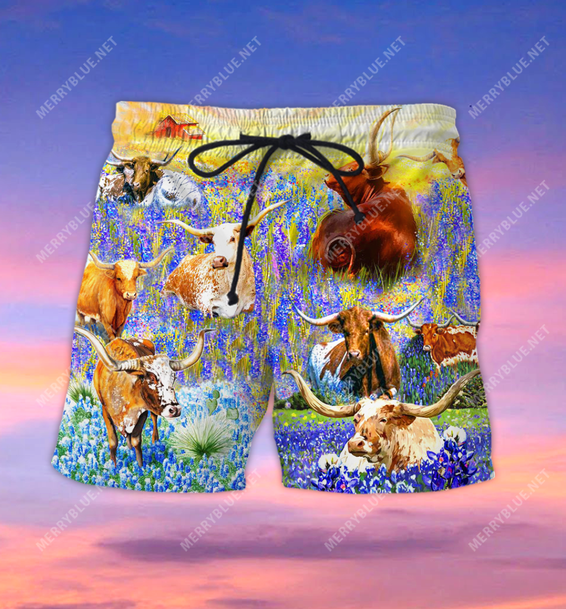 Texas Longhorn In Bluebonnets Unisex Hawaii Shorts Ha90223