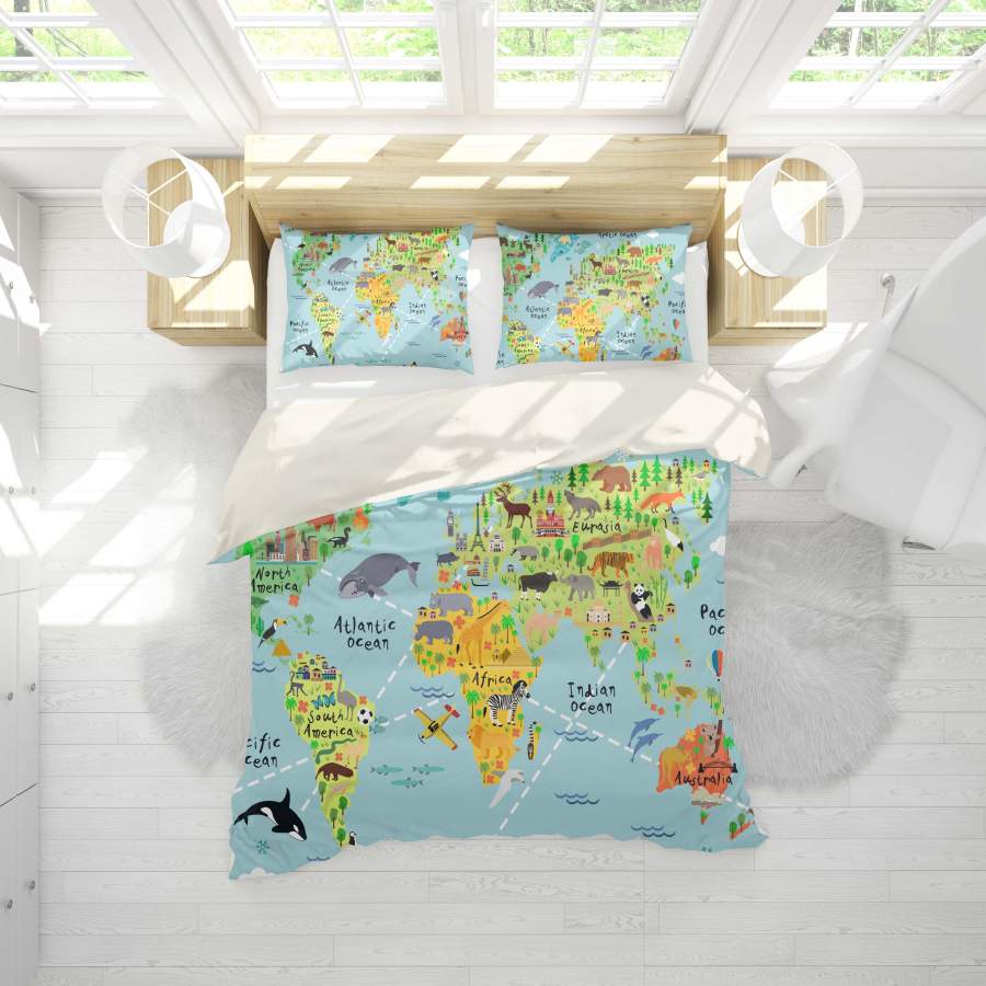 3D Green Animals World Map Quilt Cover Set Bedding Set Pillowcases 31