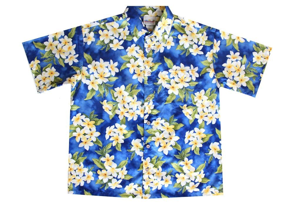 Men’S Blue Hawaiian Shirt With Plumeria Flowers