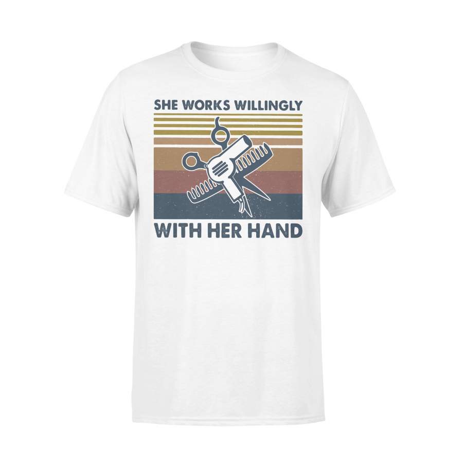 Hairstylist She Works Willingly With Her Hand Vintage Retro T-shirt