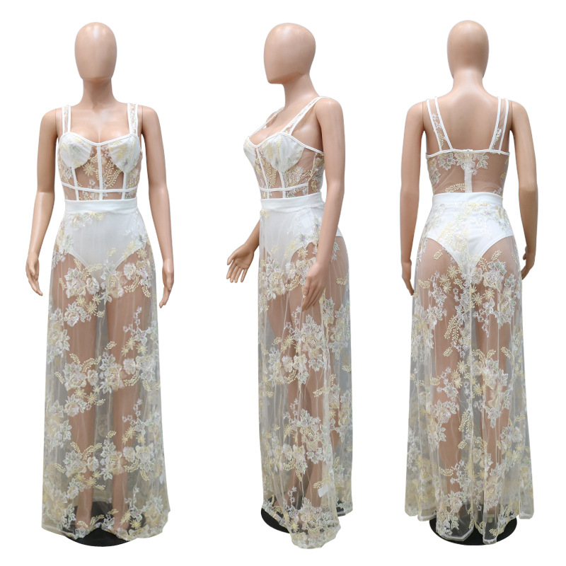 2021 Summer Women’s Sexy Halter Jumpsuit Outside The See-through Embroidered Net Half-body Dress Fashion Two-piece alx