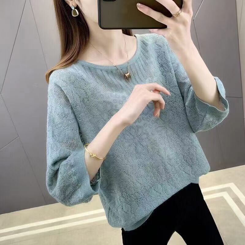 Solid Color Fashion Jacquard Hollow Out Sweaters Female Korean All-match Thin Loose Round Neck Knitted Jumpers Women’s Clothing alx