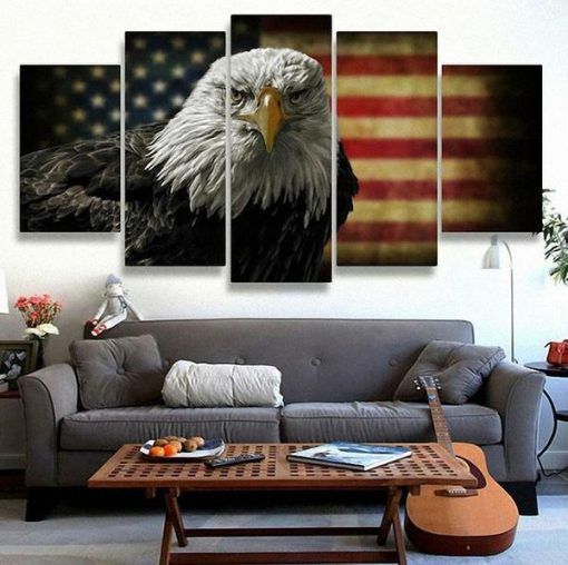 American Flag With Bald Eagle Animal 5 Panel Canvas Art Wall Decor