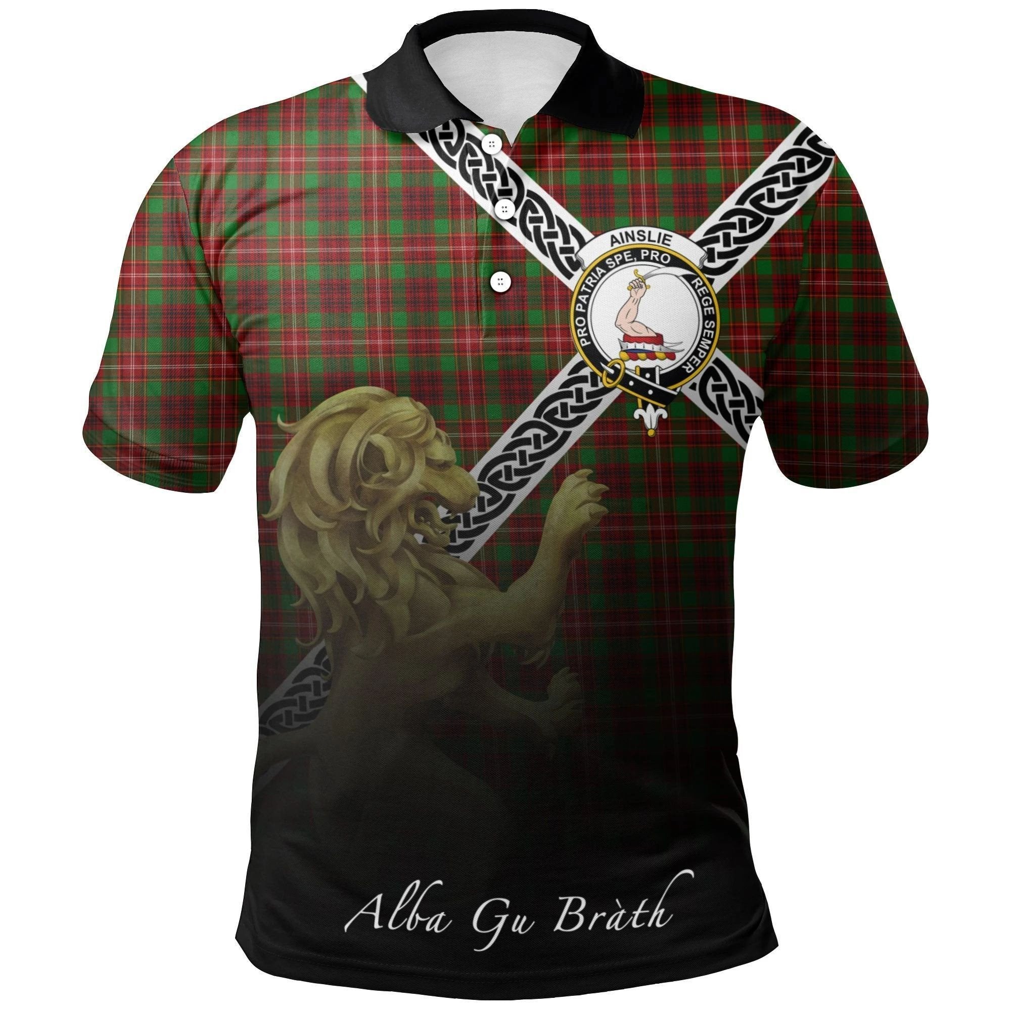 Ainslie Clan Polo Shirt, Scottish Tartan Ainslie Clans Polo Shirt Celtic Lion Style