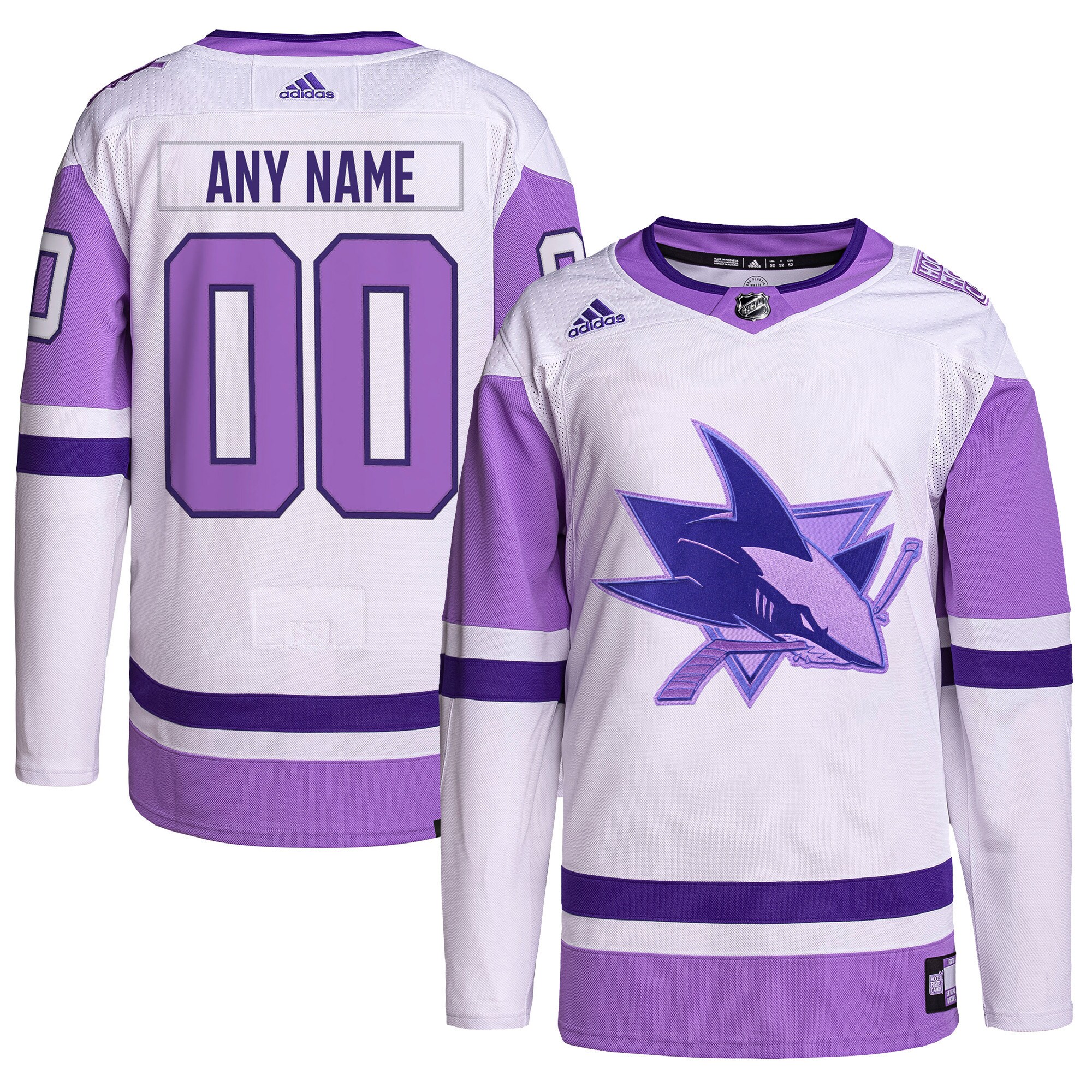 Men's San Jose Sharks adidas White/Purple Hockey Fights Cancer Primegreen Authentic Custom Jersey