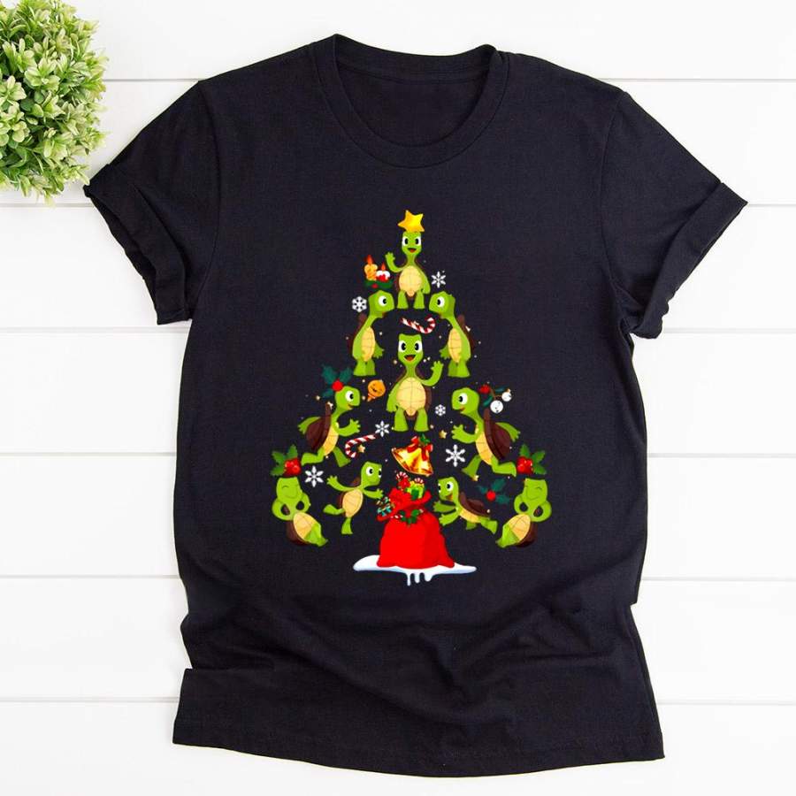 Turtle christmas tree merry xmas gifts candy cane snow black cotton t shirt for men and women S-6XL