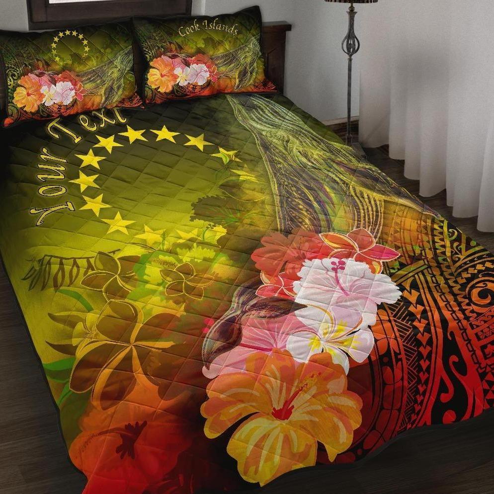 Cook Islands Custom Personalised Quilt Bed Sets – Humpback Whale With Tropical Flowers (Yellow)