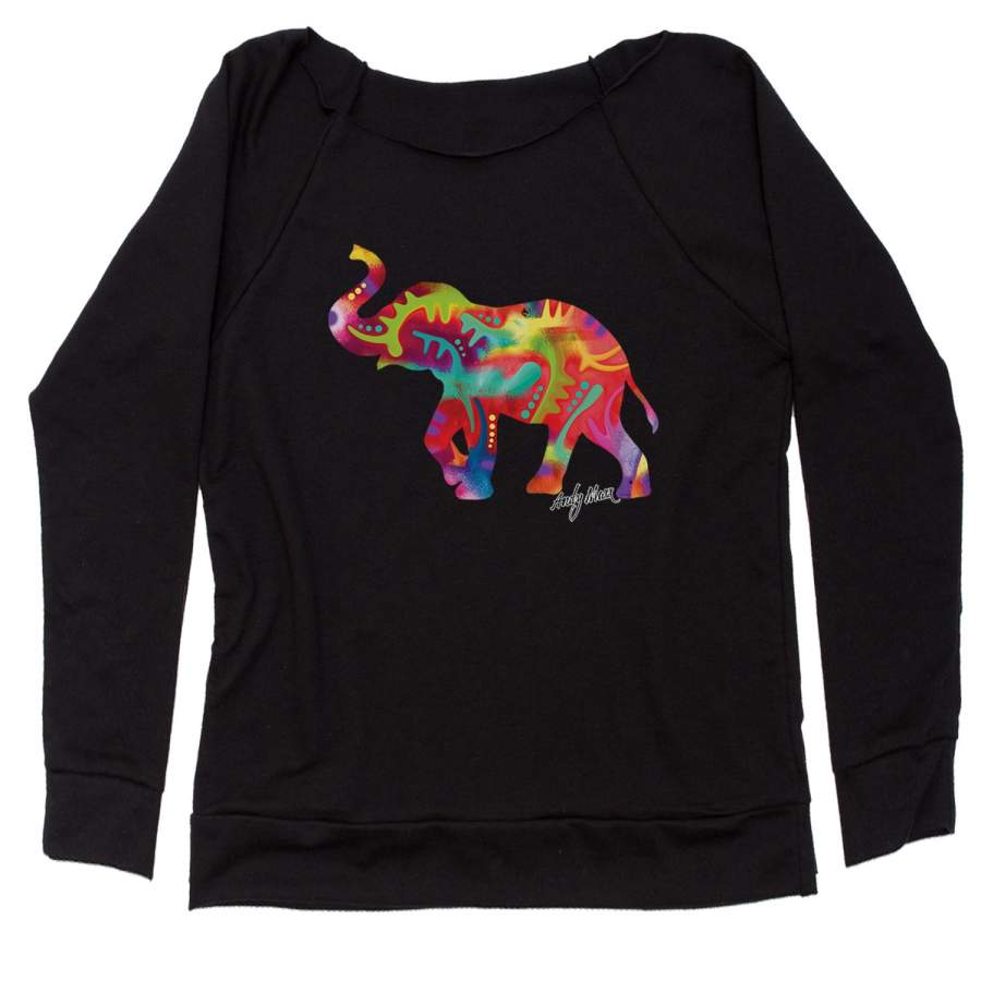 Neon Good Luck Elephant Slouchy Off Shoulder Oversized Sweatshirt