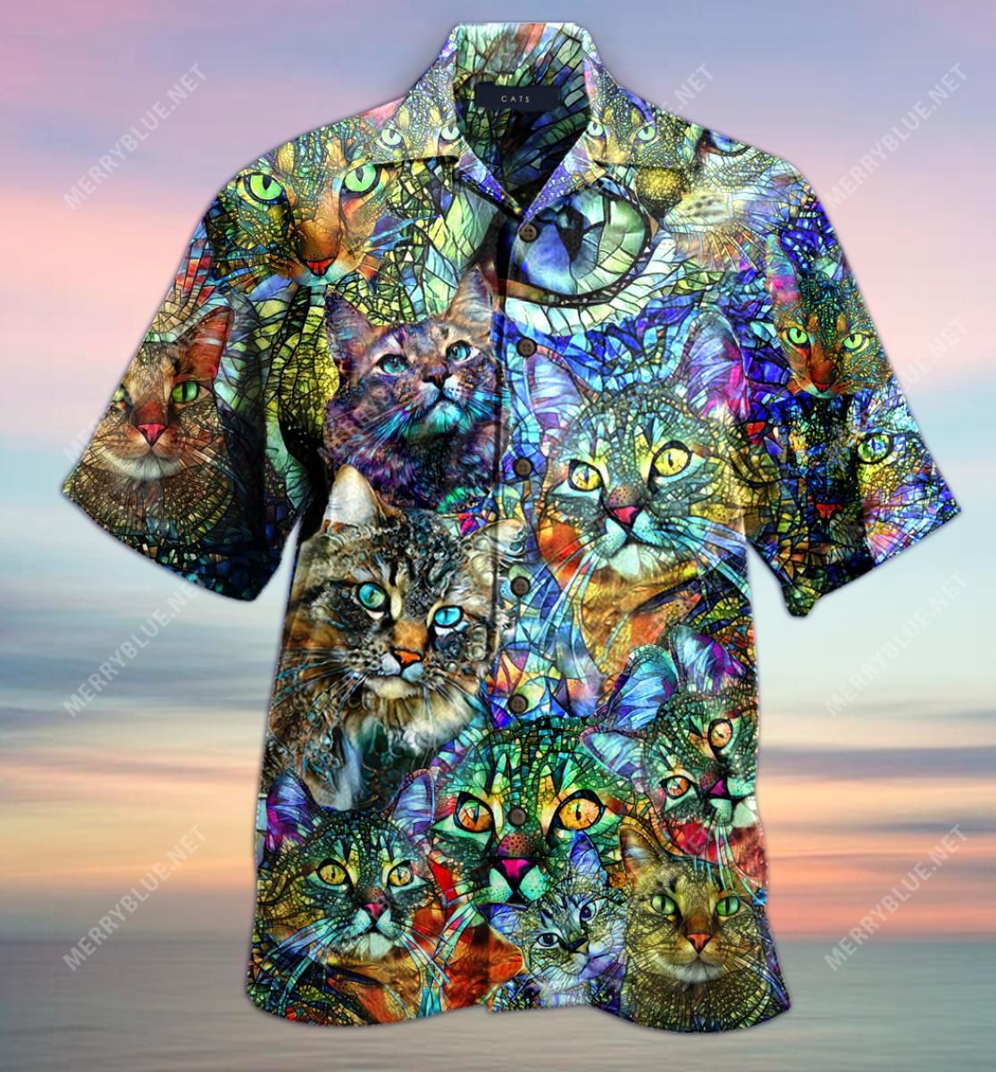 Amazing Kaleidoscope Cat Aloha Hawaiian Shirt Colorful Short Sleeve Summer Beach Casual Shirt For Men And Women