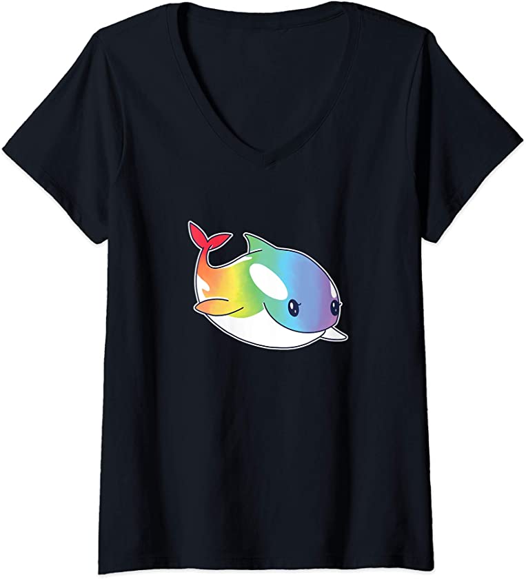 Womens Cute Kawaii Rainbow Whale Shirt, Orca Lover Gift V-Neck T-Shirt