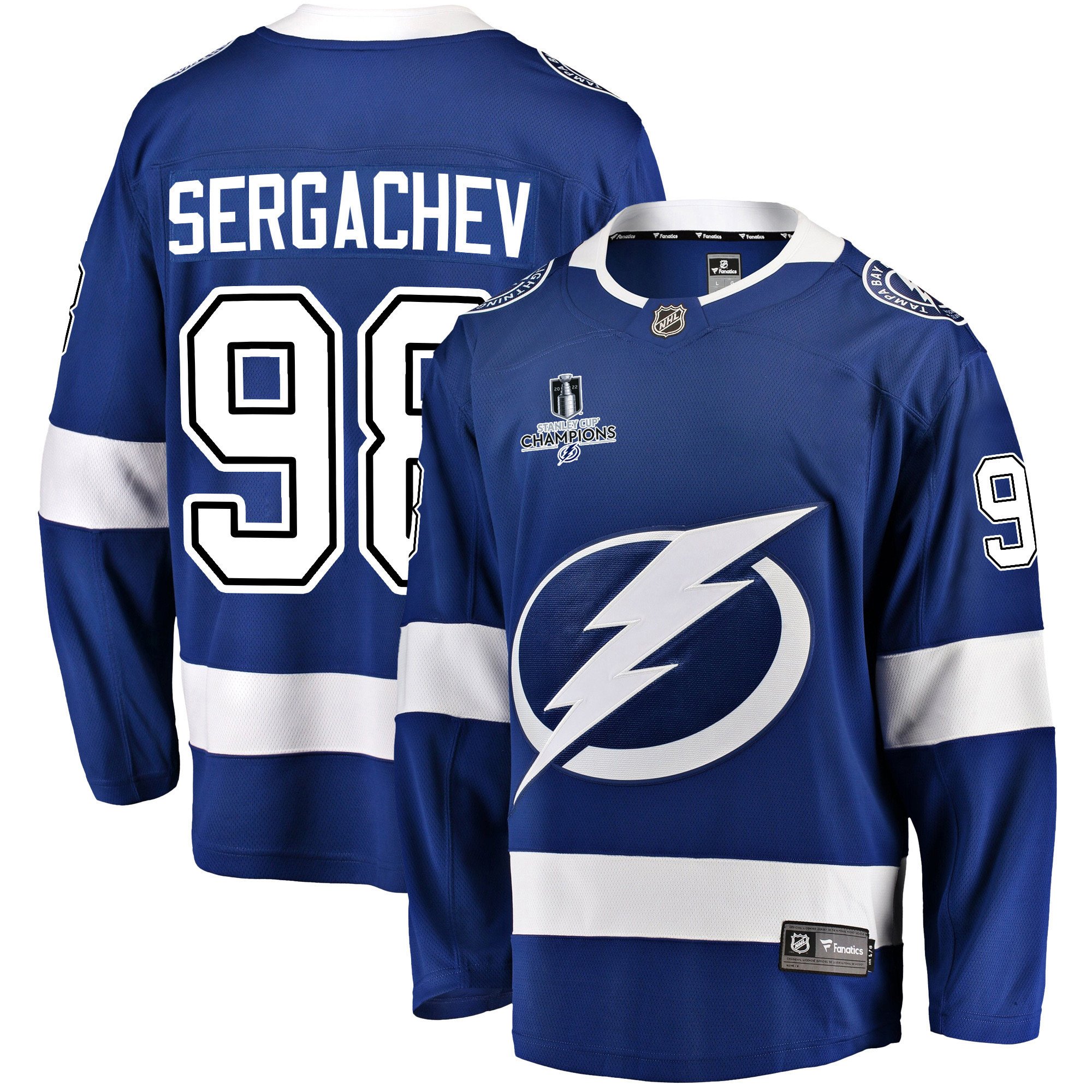 Tampa Bay Lightning Mikhail Sergachev 98 Home 2022 Stanley Cup Champions Breakaway Men Jersey – Blue