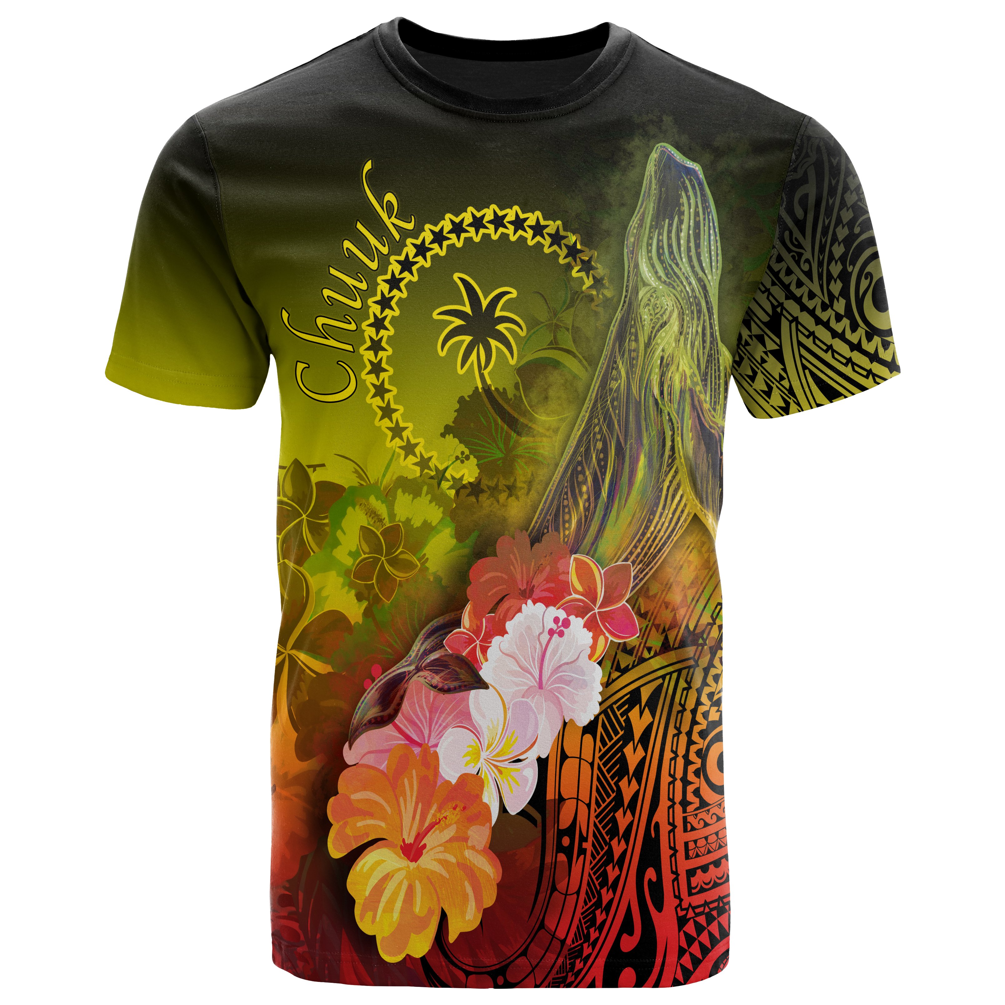 Chuuk T-Shirt – Humpback Whale with Tropical Flowers (Yellow)- BN18