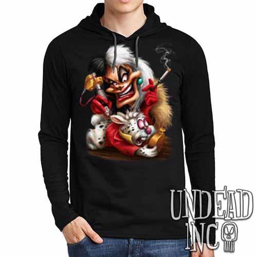 Villains Cruella De Vil Tattooing White Rabbit – Mens Long Sleeve Hooded Shirt